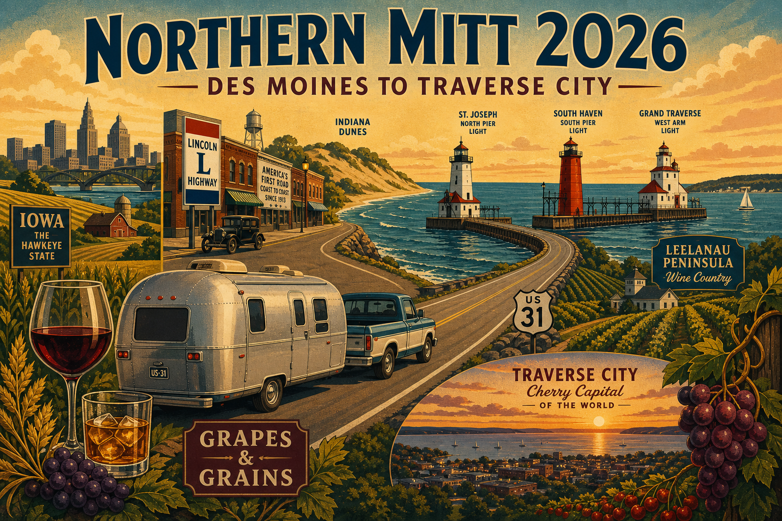 Vintage travel poster: Des Moines to Traverse City via US-31, lighthouses, and wine country.