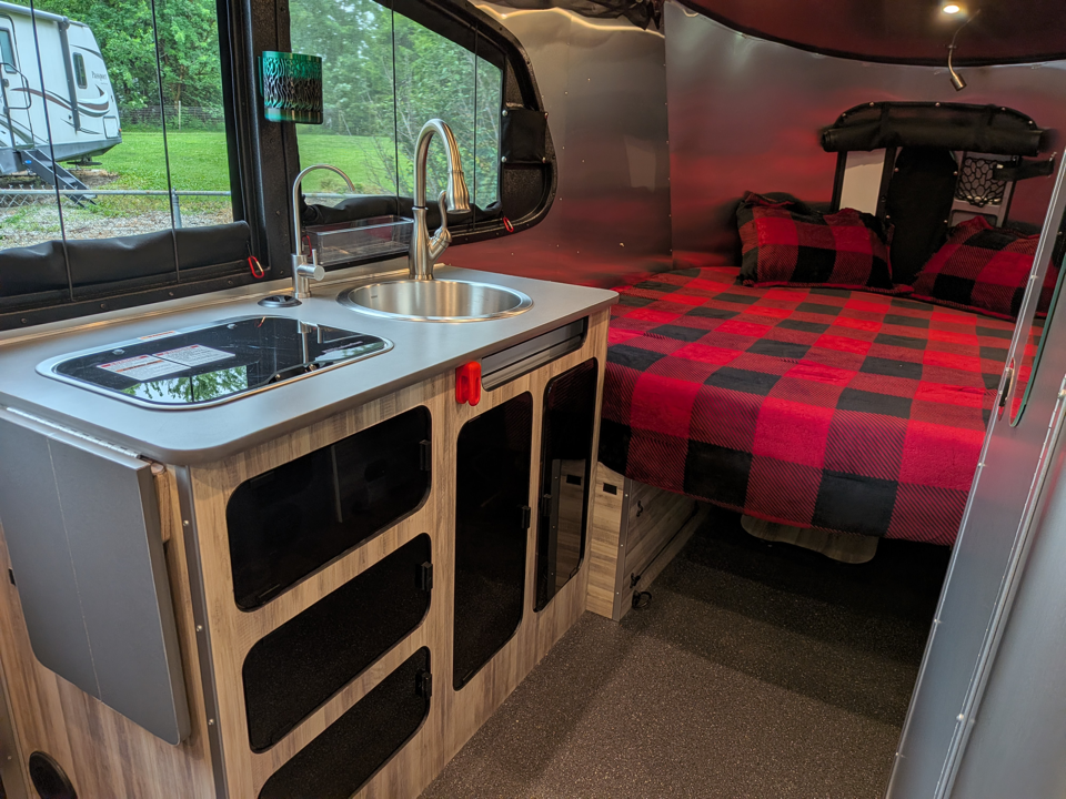 Galley sink with pulldown faucet and cooktop