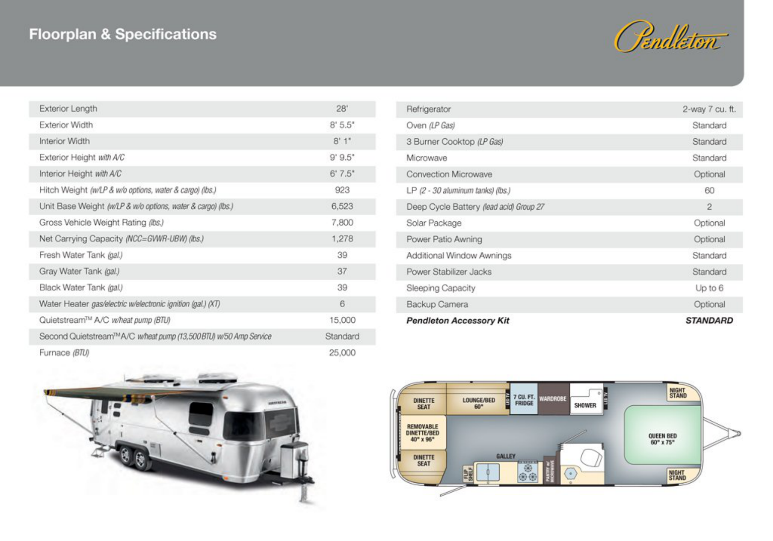 2016 Airstream Pendleton — exterior with floorplan and specifications