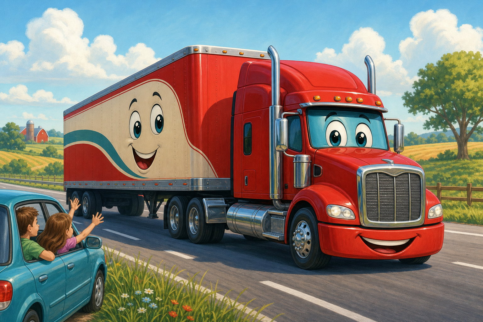 Semi and Trailer — friendly red semi truck and cargo trailer on a country highway with waving kids