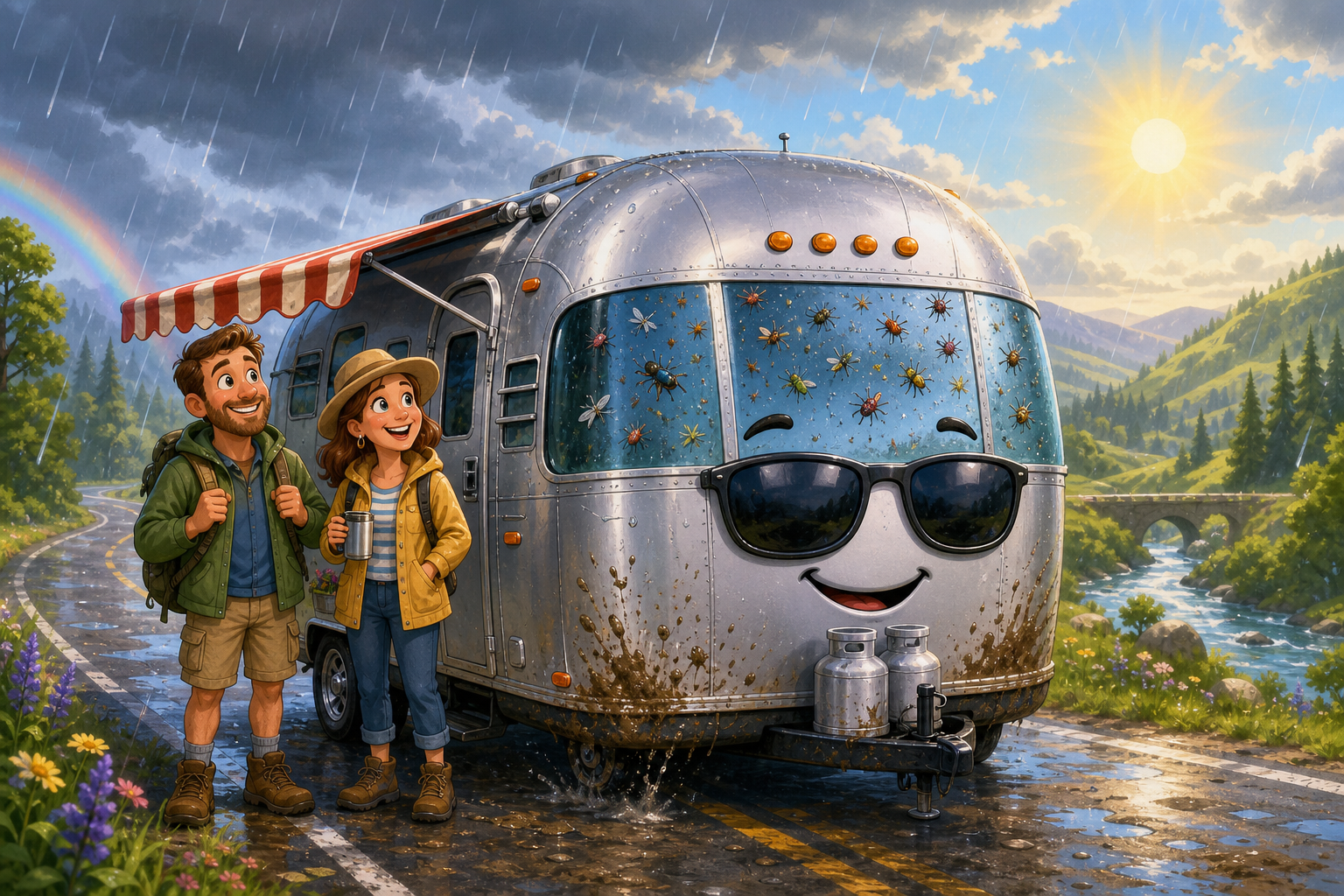 Silver Trekker — a shiny camper with sunglasses and a bouncy awning, muddy from rain, bugs on the windshield, with two happy travelers beside it