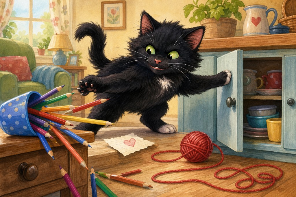 Snivis the Naughty Kitty — fluffy black boy cat knocking pencils off a desk, opening a cupboard, yarn unraveling